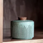 textured ceramic tea canister with wood lid main view
