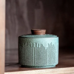 textured ceramic tea canister with wood lid main view