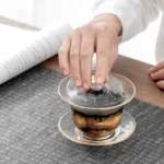 textured glass gaiwan with gold trim 3-piece lidded tea bowl