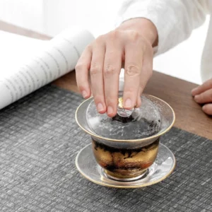 textured glass gaiwan with gold trim 3-piece lidded tea bowl