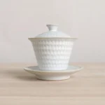 textured white ceramic gaiwan with gold trim full view 5.4oz