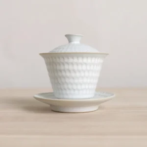 textured white ceramic gaiwan with gold trim full view 5.4oz
