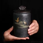 vintage black ceramic chinese crane tea canister full product front view