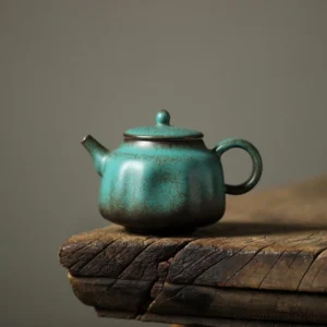 full product view of vintage blue-green chinese ceramic teapot 5.1oz pumpkin shape