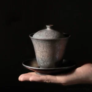 main view of vintage bronze ceramic gaiwan 5.4oz rustic chinese tea bowl