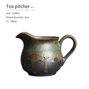 Vintage bronze green handcrafted Chinese gong dao bei tea pitcher full view