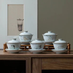 full set view of hand painted vintage cat ceramic gaiwan 5.4oz