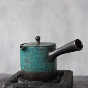 vintage chinese ceramic side handle teapot with stainless steel filter blue green glaze