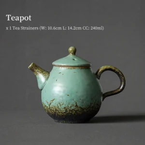 full view of vintage chinese green glazed ceramic teapot with built-in filter 8.1oz