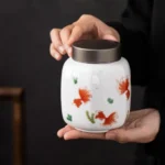 vintage chinese goldfish pattern ceramic matcha tea canister double seal main view