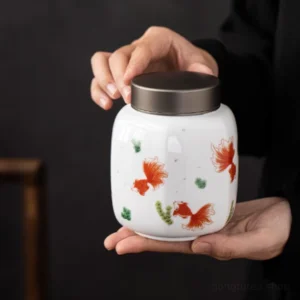 vintage chinese goldfish pattern ceramic matcha tea canister double seal main view
