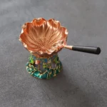 vintage lotus shaped copper tea strainer with enamel holder full set view