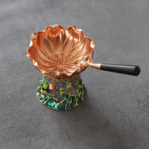vintage lotus shaped copper tea strainer with enamel holder full set view