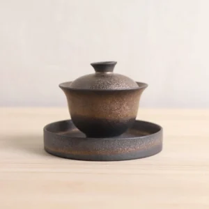 full view of vintage metallic glaze chinese gaiwan tea set complete