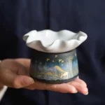 vintage new chinese porcelain tea strainer with hand painted golden landscape holder