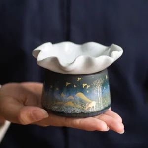 vintage new chinese porcelain tea strainer with hand painted golden landscape holder