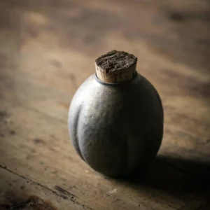 vintage pumpkin shaped ceramic tea canister with cork lid front view
