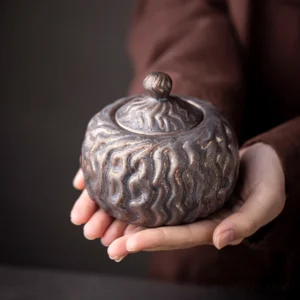 vintage textured bronze ceramic tea canister for loose tea closed