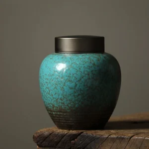 vintage turquoise crackle glaze ceramic tea canister main product view