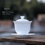 vintage white ceramic gaiwan style a with blue rim 5.6oz