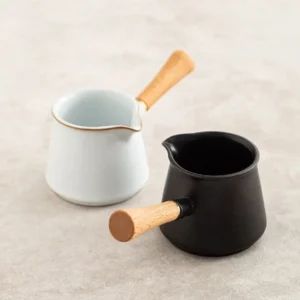 white and black ceramic gong dao bei with detachable wooden handle