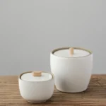white ceramic airtight tea canister with wooden knob for tea coffee sugar storage