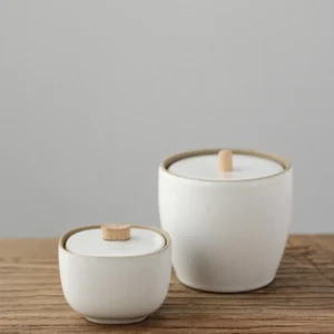 white ceramic airtight tea canister with wooden knob for tea coffee sugar storage