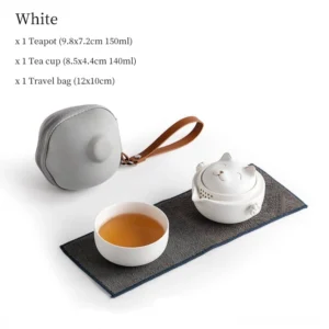 white cute cat shaped ceramic travel tea set with carry bag