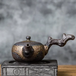 withered wood design handcrafted chinese ceramic teapot side handle fish spout