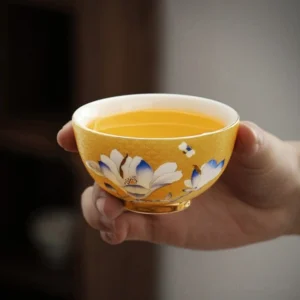 Hand Painted Magnolia Yellow Ceramic Chawan Tea Bowl 3.7oz main view