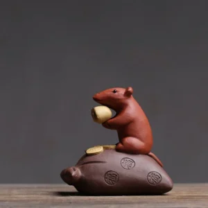 handmade yixing zisha fortune rat tea pet with golden ingot front view